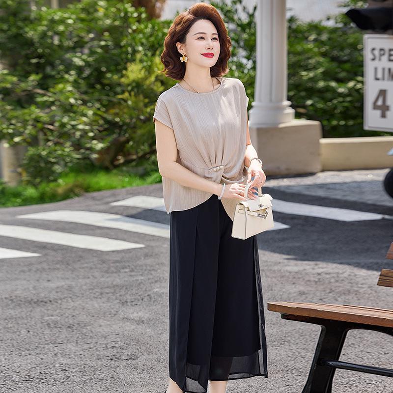 Mom s Summer Short-Sleeve Blouse: Elegant 2026 Two-Piece Set for Middle-Aged & Elderly. 3XL бежевый