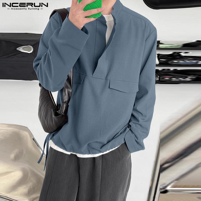INCERUN Men Stand Neck Long Sleeve Solid Color Casual Loose Shirts Tops