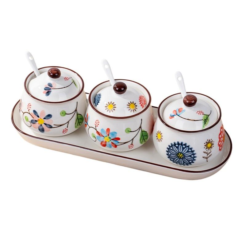 Ceramic seasoning Kitchen salt seasoning  Storage box set Household good-looking oil-splashed chili  Seasoning