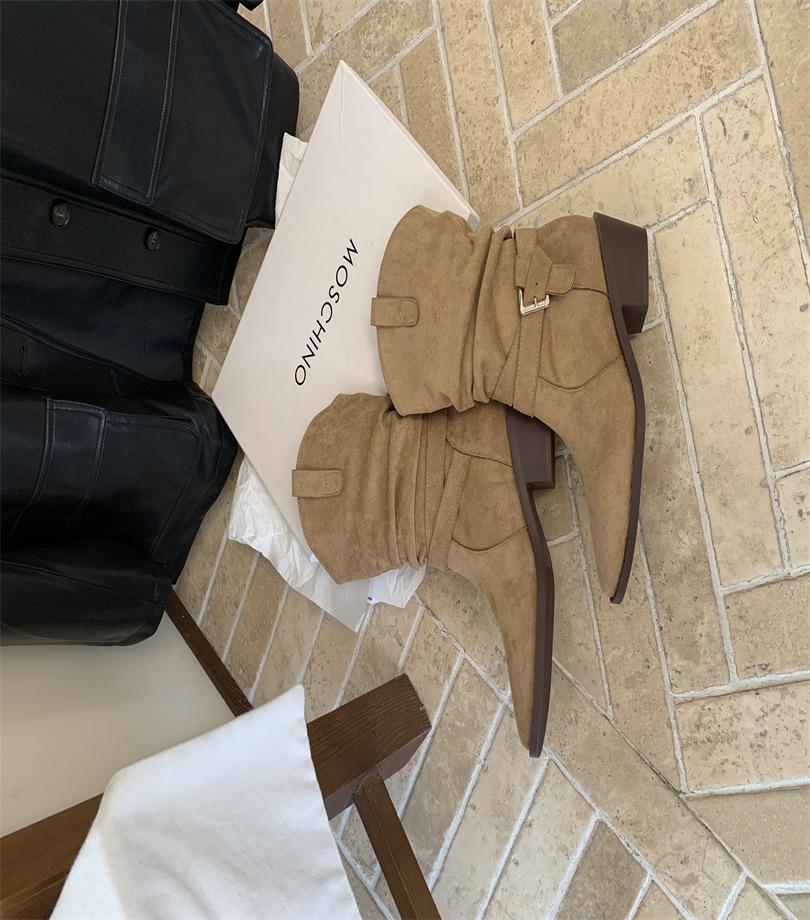 Queen Fan retro thick heel western cowboy boots women's 2025 new autumn with skirt, thin and heightened short boots