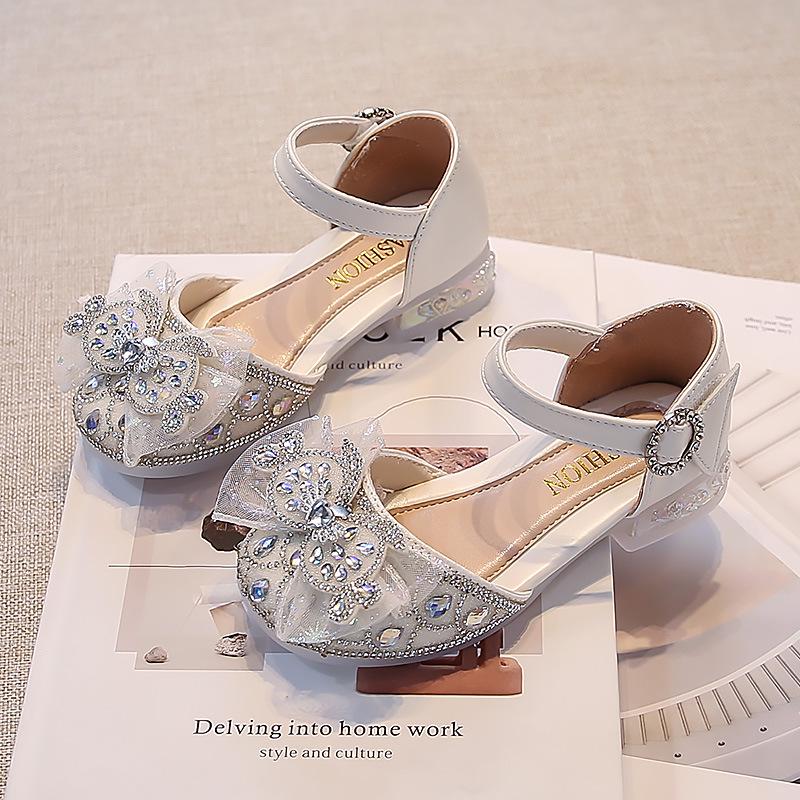 Bow High Heel Girls' Sandals: Summer Closed-Toe Crystal Princess Shoes 2025 - Soft Sole for Comfort