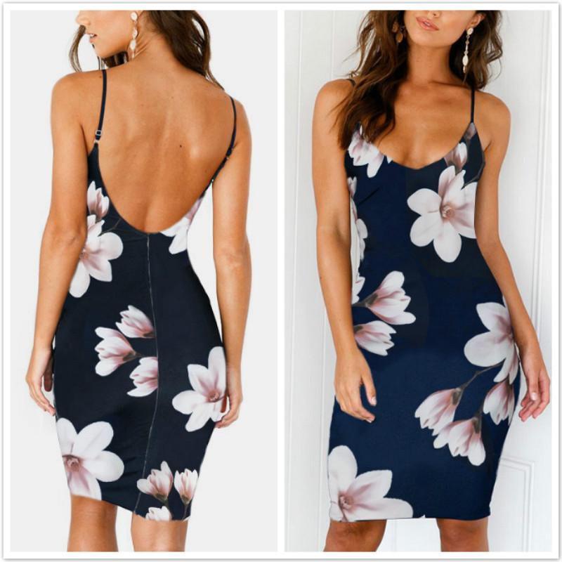 Fashion Summer Floral Dress Women Sexy Print Dress Backless Bodycon Slip Dress