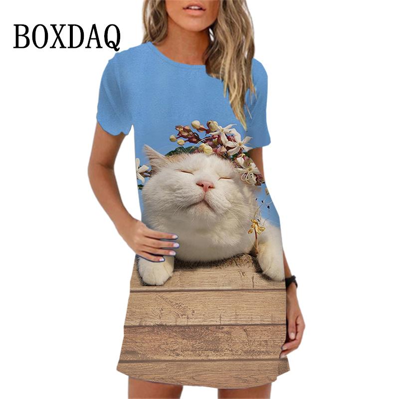 New Women Summer Beach Sundress Elegant Sweet Cute Cartoon Cat Print A-Line Dress Loose Casual Short Sleeve O-Neck Mini Dress