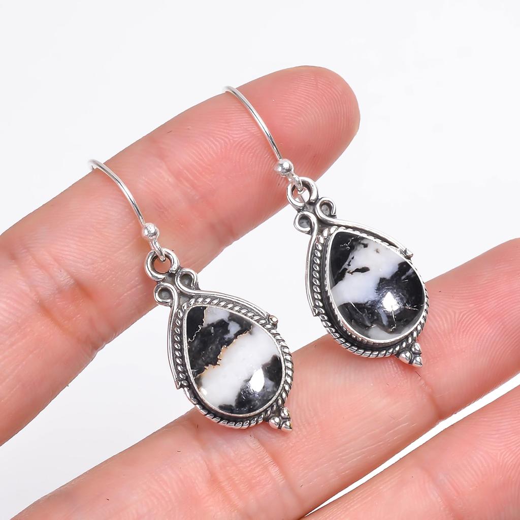 White Buffalo Turquoise - Nevada 925 Sterling Silver Earring V9793, Black & White Earring, Pear Earring, Valentin's Day Gift, Gift For Her, Birthday G