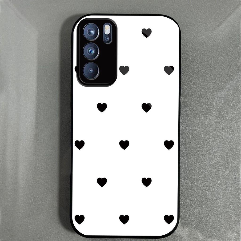 Black Heart Pattern Phone Case for OPPO Reno6 5G Acrylic Back TPU Bumper Shockproof Protective Cover, Minimalist Korean Style