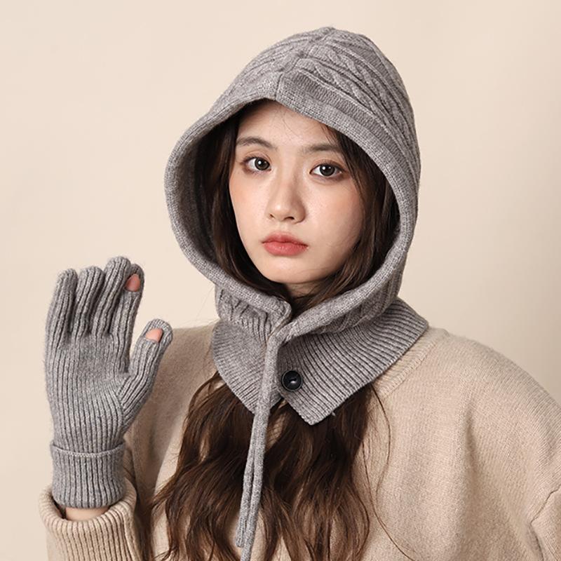 Vintage Red Balaclava Hat Women's Winter Warm Gloves Scarf Integrated Couple Ear Protectors Wool Knitted Hat