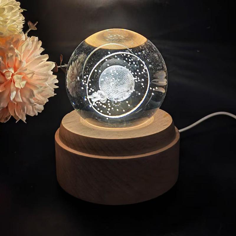 Rotating Crystal Ball Music Box Night Light - Solid Wood Ornament for Bedroom or Office
