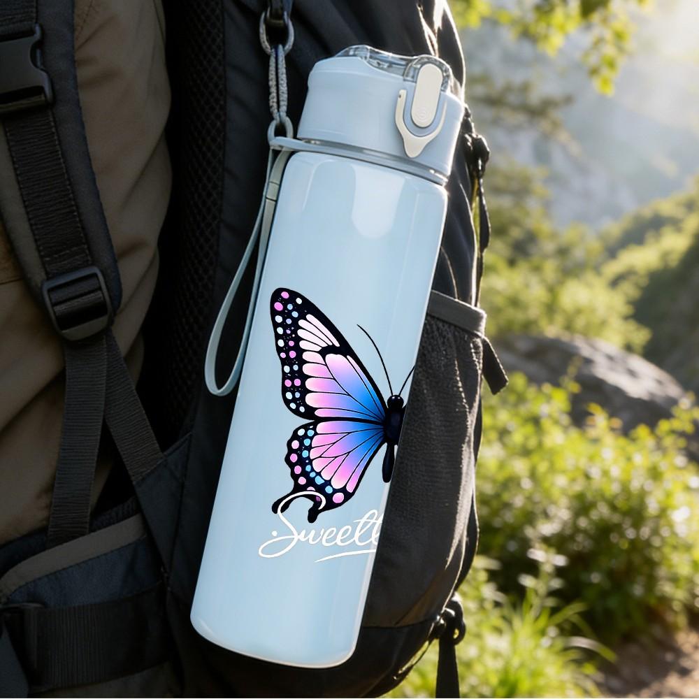 1PC Blue Purple Butterfly Art Print 750ml Color Plastic Sports Water Bottle Leakproof Flip Straw Lid Suitable for Sports Office Home Use