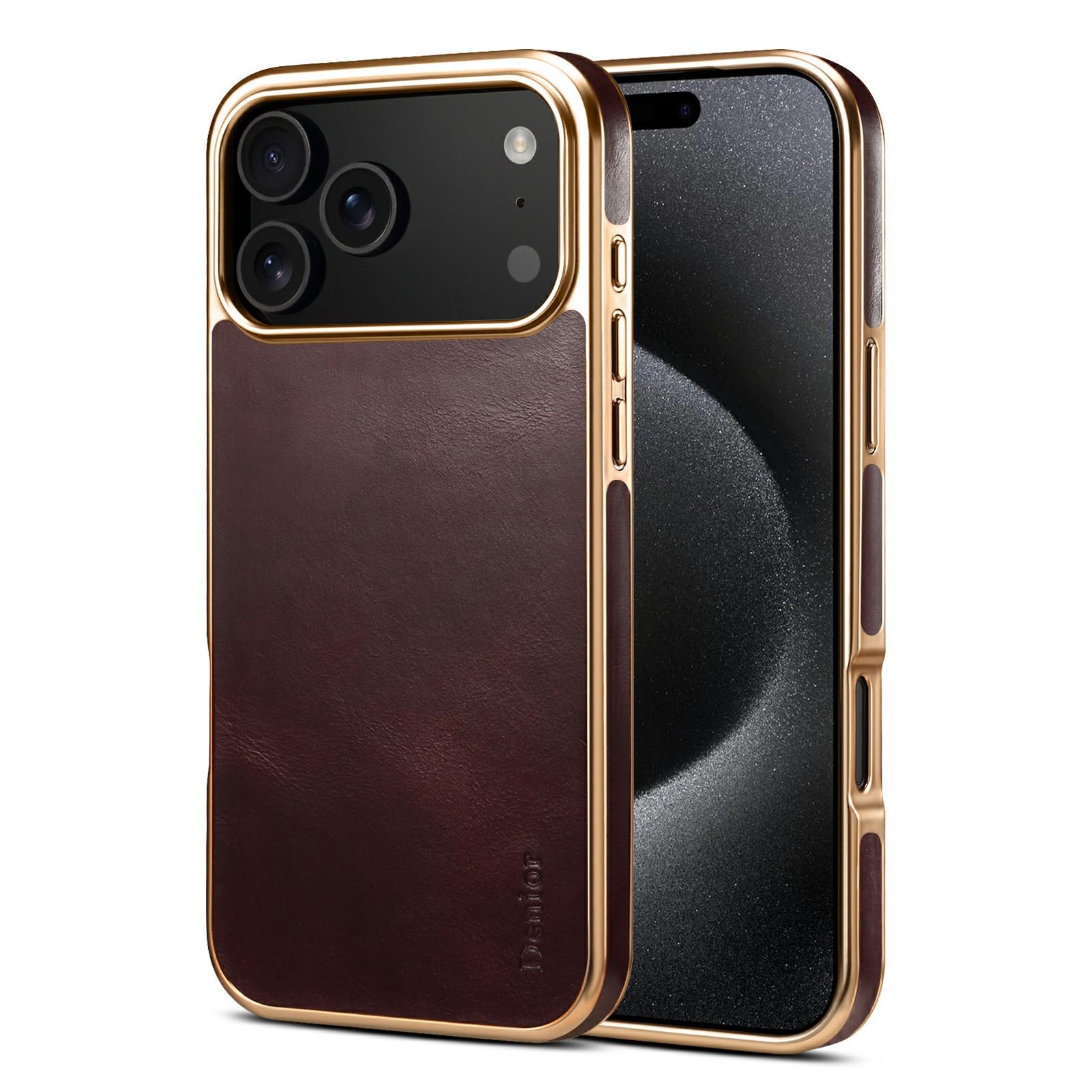 DENIOR A01 For iPhone 17 Pro Case Waxy Texture Genuine Cow Leather Electroplating Back Cover A