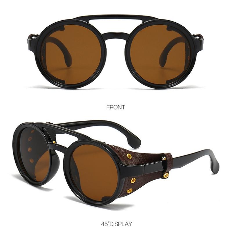 

Sunglasses Windproof Mountaineering Steampunk Round Eyewear for Men with Leather Side Goggles UV400 Cycling Riding Glasses as picture