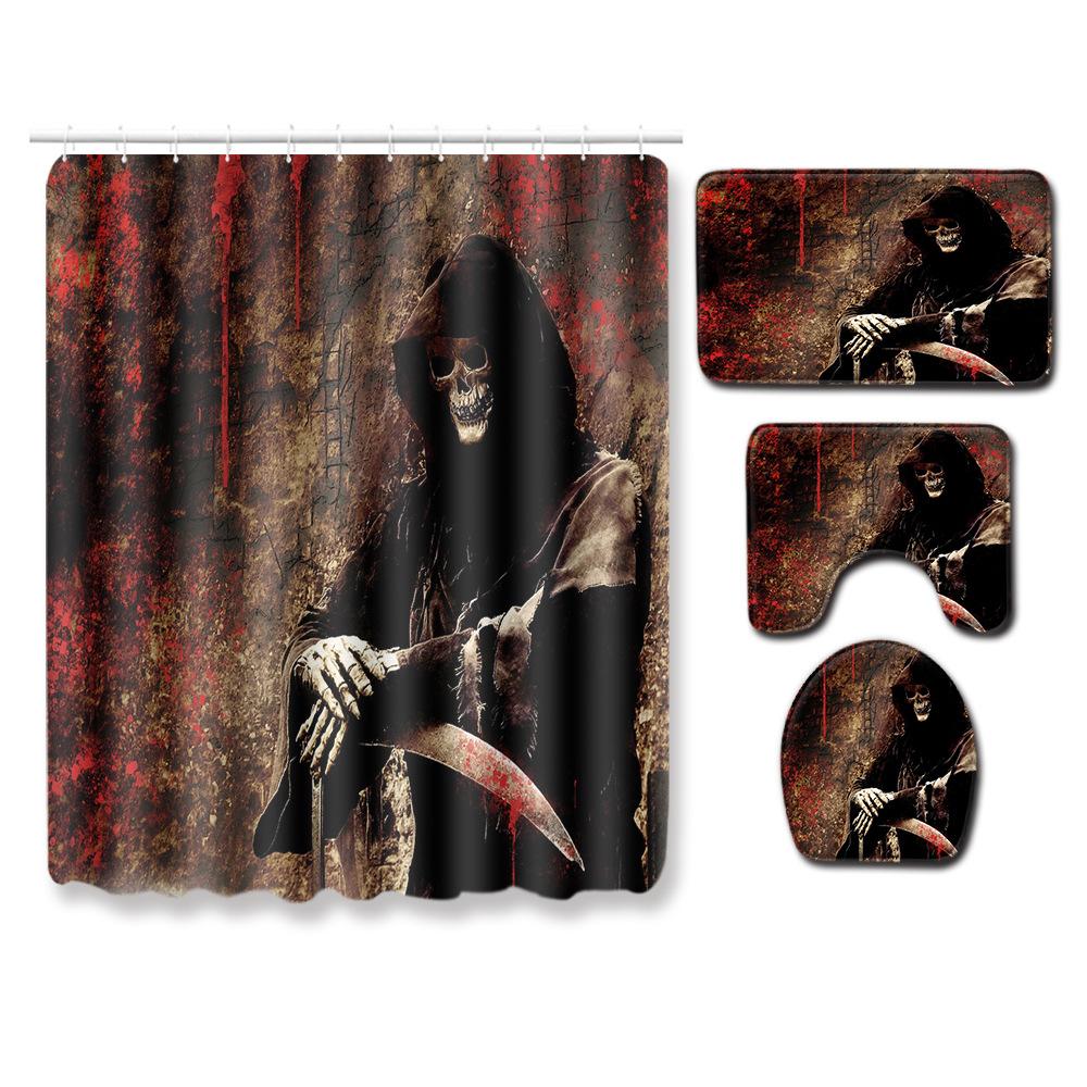 Skull Shower Curtain Floor Mat Combination Four-Piece Set Bathroom Toilet Carpet Shower Room Mat Foot Mat