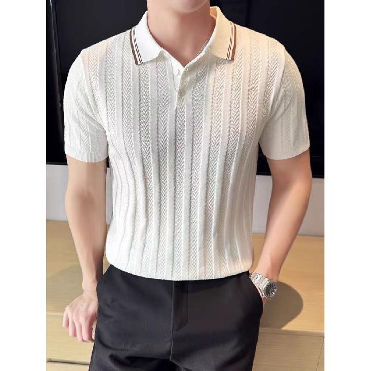 American Style Half-Zip Mercerized Cotton Ice Silk Polo Shirt Men High-End Striped Slim Fit Short Sleeve Sweatshirt Turn-Down Collar Workwear T-Shirt