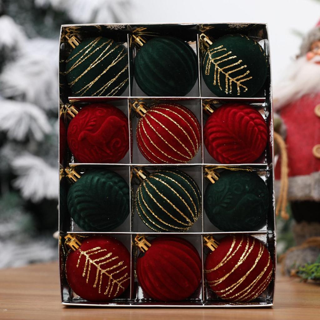 12pcs Wine Red Christmas Ball Ornaments Flocking Christmas Tree Party Decoration New Year Christmas Spheres Pendant Balls