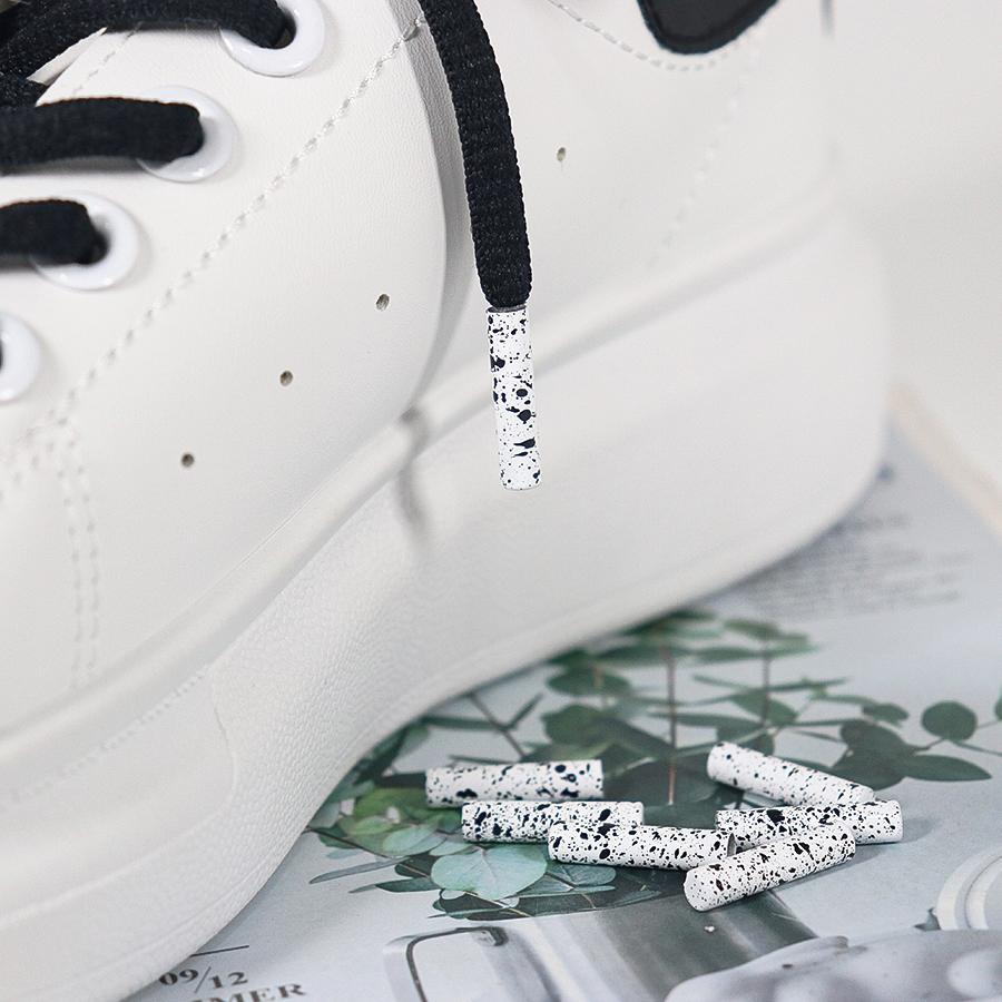 Flat Top Bell Shape Metal Aglet, White Electroplating With Black Dots, Shoelace Cord End Tip Decoration, Custom OEM Service