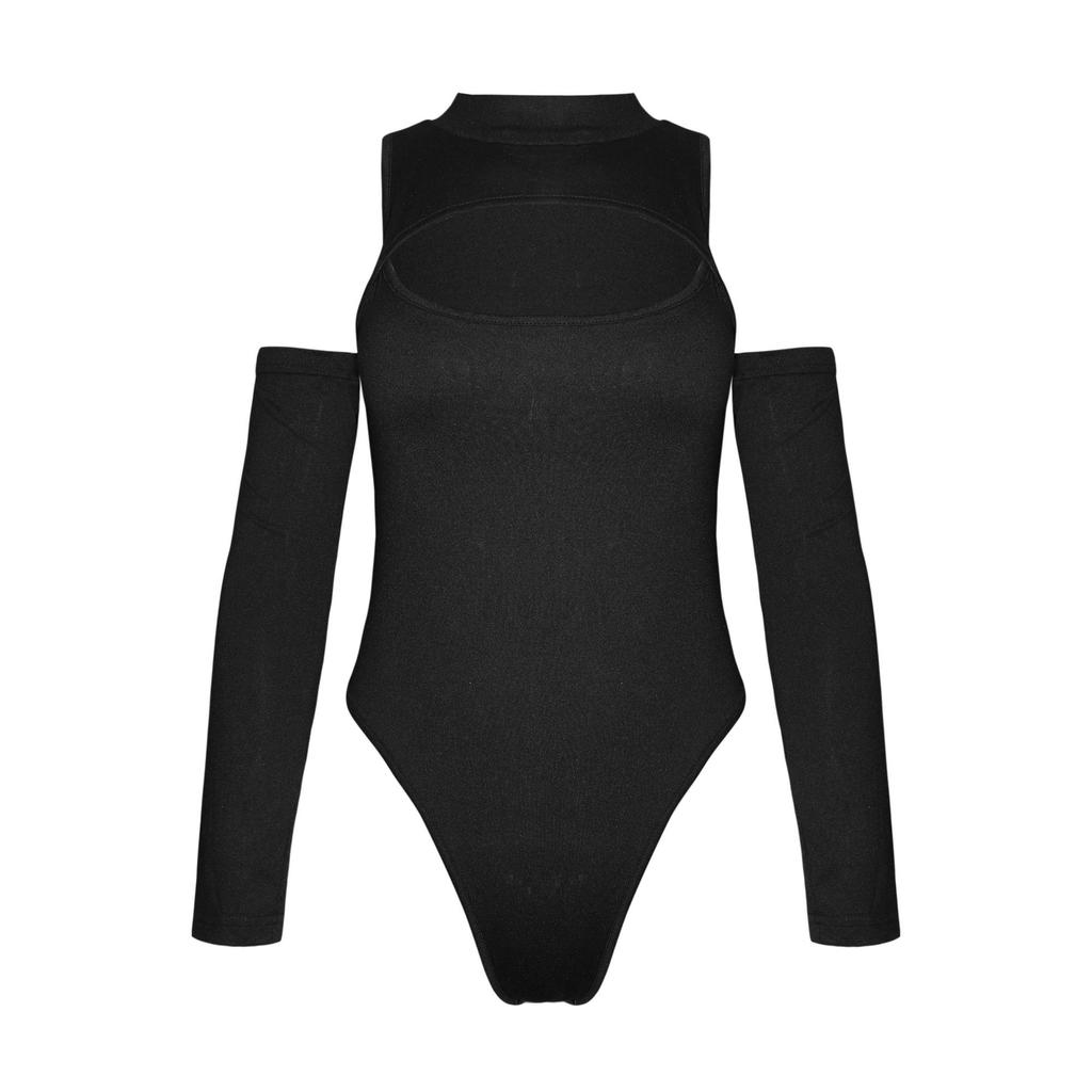 Women Bodysuit Tight and Sexy Open Chest Bottomed Shirt with Irregular Hollow Out Long Sleeved Slim Fit and Off Shoulder Jumpsuit