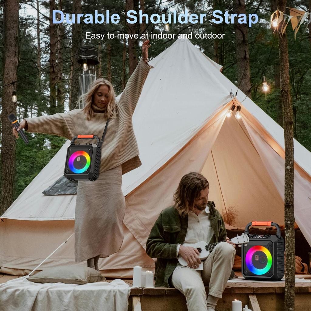 Karaoke Machine with Two Wireless Microphones, Portable Speaker with LED Lights for Kids and Adults, Supports Bluetooth/USB/TF/AUX for Party