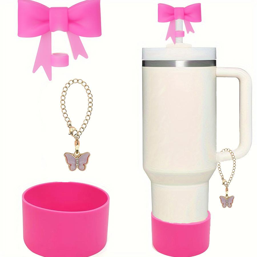 3Pcs Bow Straw Cap Covers Toppers Accessories for Stanley 30&40 Cups Silicone Boot Butterfly Charm Chain for Tumbler with Handle
