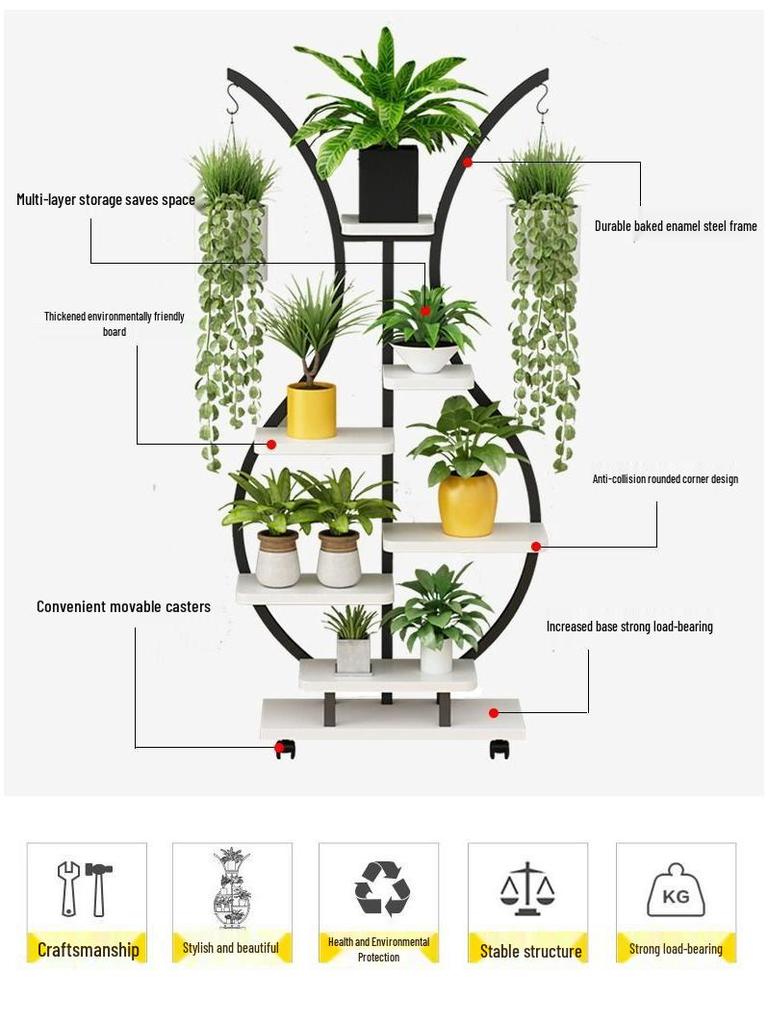 Multi-Layer Indoor Balcony Flower Stand, Wrought Iron Round Table Display Shelf for Hanging Pothos and Orchids.