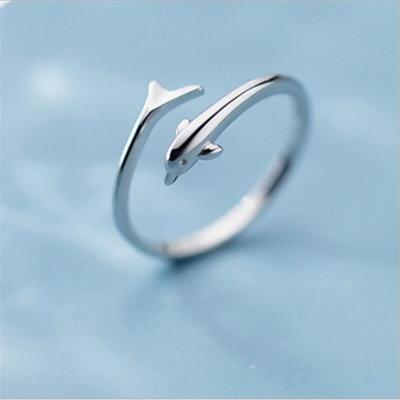Moda Popular Lindo Animal Plata de Ley 925 Joyería Personalidad Delfín Pez Exquisito Apertura Anillos de Plata R021