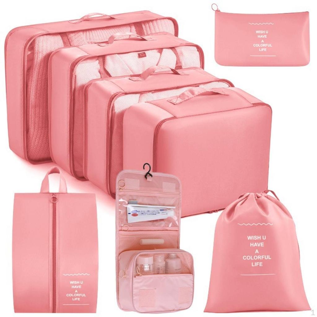 8 Pieces Travel Bag Set Mesh Panels Zippered Packing Cube SemiRigid Hanging Toiletry Gray