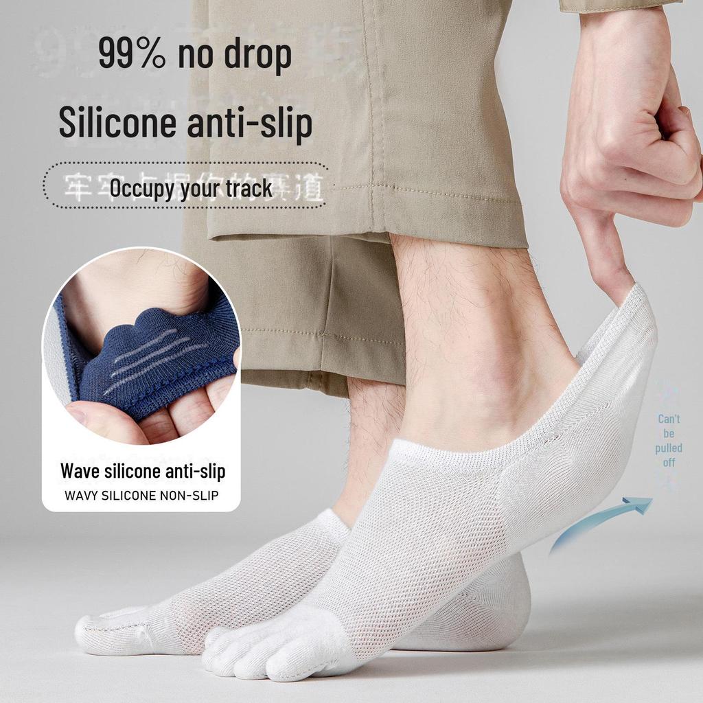 Men's Breathable Cotton Five-Finger Socks - Deodorant, Sweat-Absorbent, Split Toe, Invisible, Summer-Weight Mesh Boat Socks.