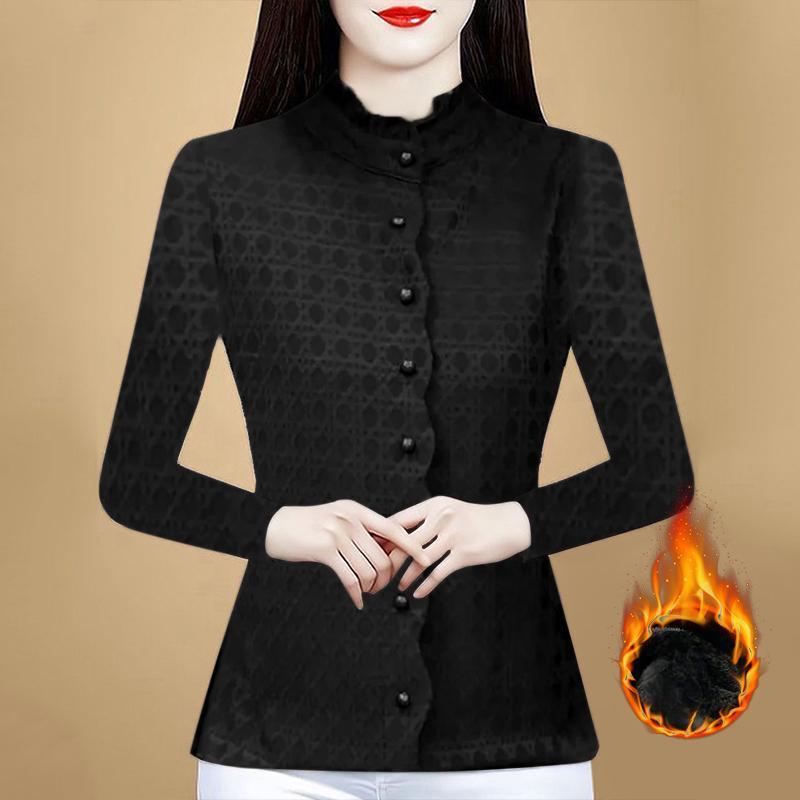 

Корейская версия универсальной футболки Niche Plus Velvet Spring New Mother с воротником-стойкой для женщин среднего и пожилого возраста, теплая базовая рубашка 4XL