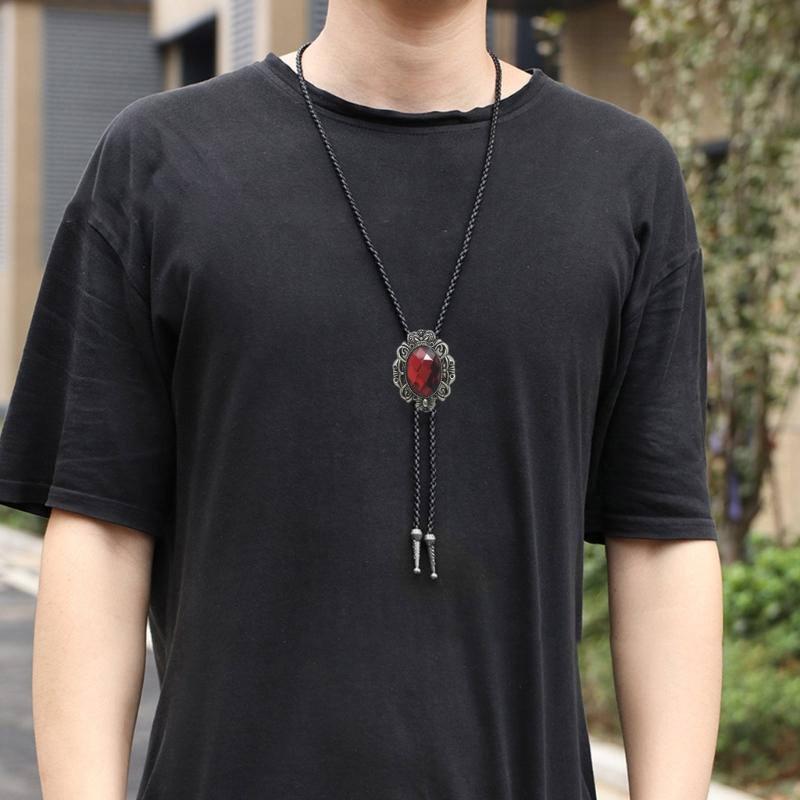 Mens American Bolo Tie Western Antique Crystal Cowboy Pendant Shirt Chain Collar Necktie Leather Rope Jewelry Necklace