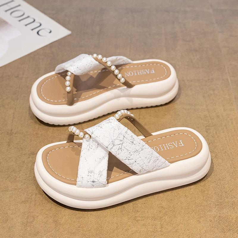 Thick-bottomed Fairy Style Slippers Female Outer Wear 2025 Summer New Fashion Pearl Muffin Cool Slippers Female Tide