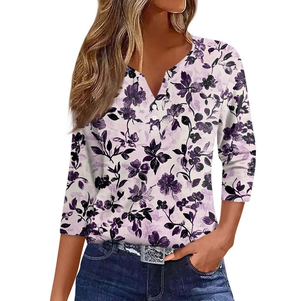 Kvinners mote Uformell T-skjorte V-hals syv ermer trykt knapp Topp