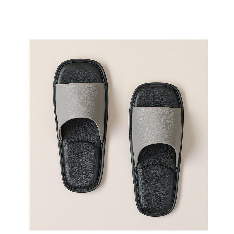New Genuine Leather Slippers Men Square Open Toe Slides Shoes Home Mute Slippers Man Luxury Top Quality Guest Slipper Cowhide