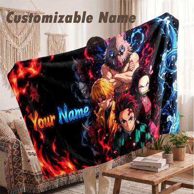 Custom Name Flannel Blanket,Demon Slayer Lightweight Warm Bed Blanket For Couch & Holiday Gift