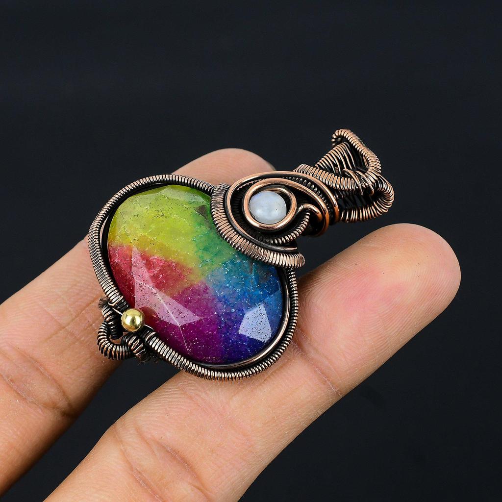 Rainbow Solar Quartz 999 Copper Wire Wrapped Pendant, Handmade Gemstone Pendant Jewelry, Gifts For Wife Brand New Pendant