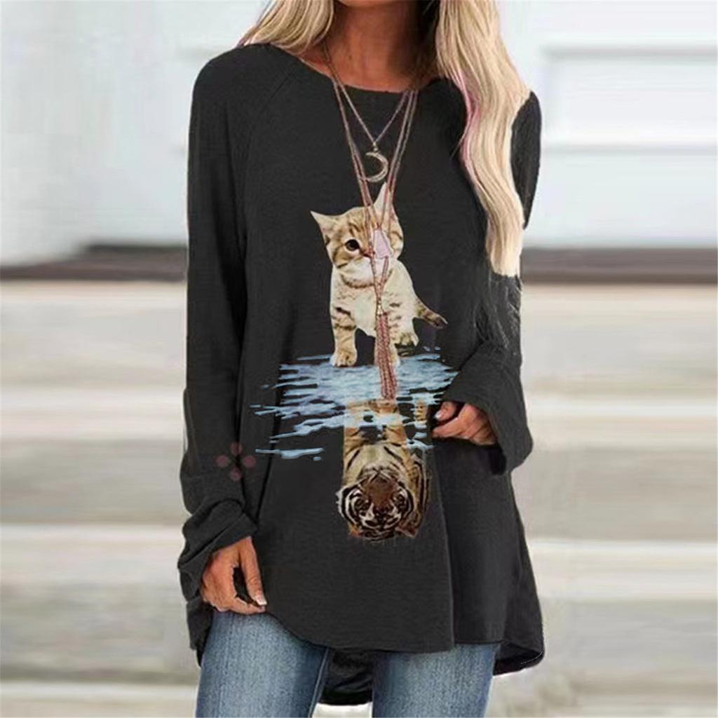 Fashion Women's  Printed Long Sleeve Round-Neck T-Shirt Long Style Tops