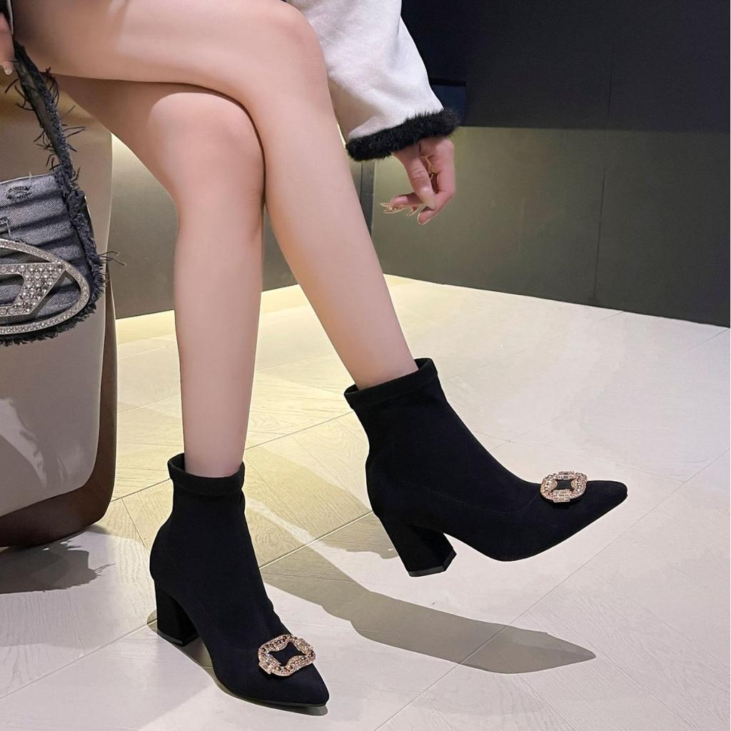 Pointed suede autumn and winter new fashion high-heeled short boots women's rhinestone square buckle low tube fashion boots solid color thin boots