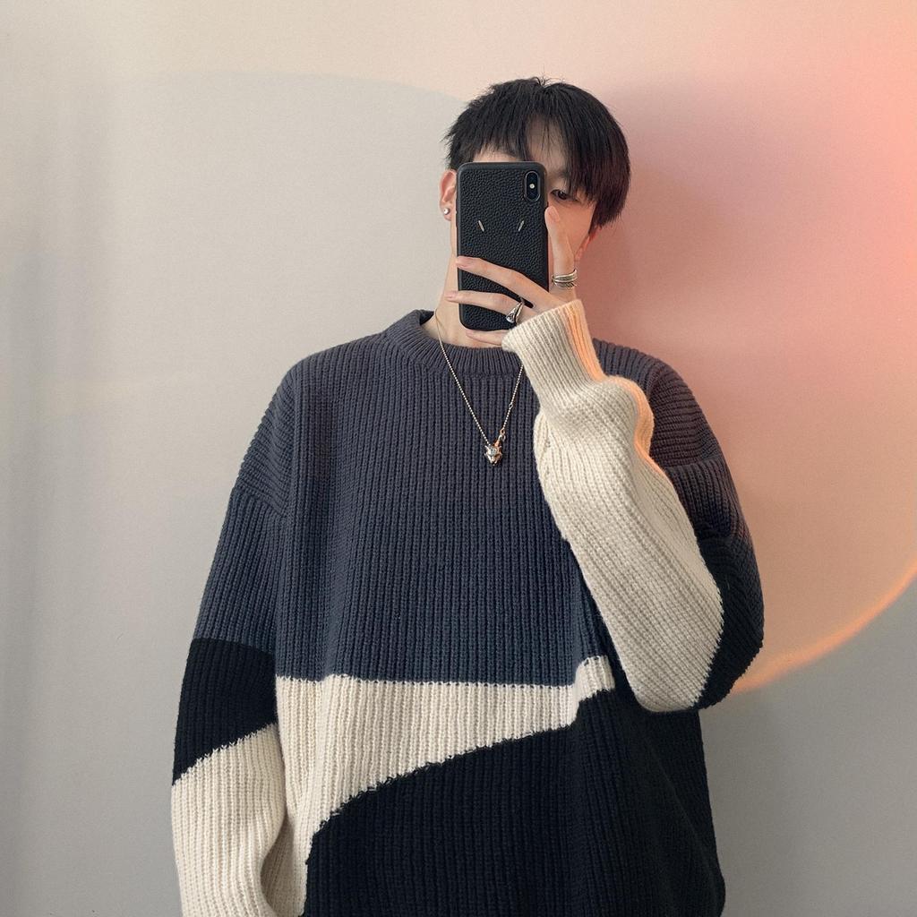 Autumn Winter New Men Sweater Black White Block Jacquard Streetwear Men Tie Dye Casual Pullover Harajuku High Street Top