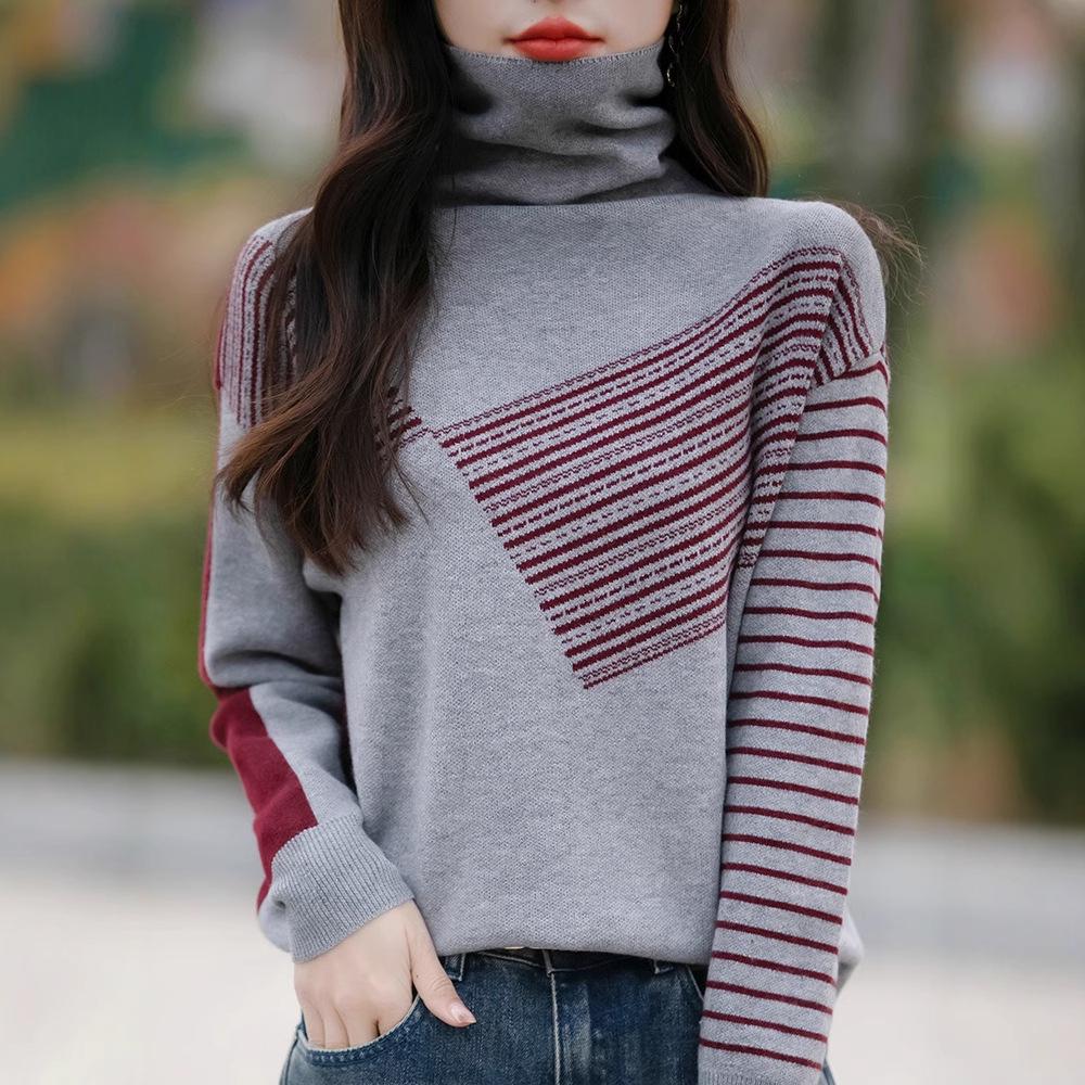New Women's Color Block Turtleneck Knit Sweater - Loose Fit for Autumn & Winter