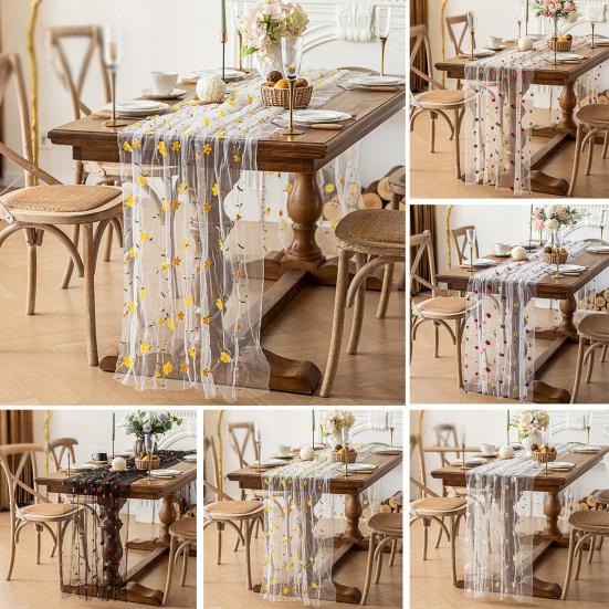 Květinová výšivka Běhoun na stůl Vyšívaný květinový tylový běhoun na stůl Jarní letní běhoun na stůl