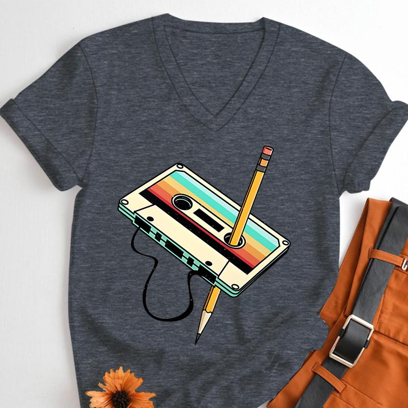 Vintage 80s Cassette Tape Pencil Print T Shirt Summer New Women Classics VNeck Tshirts Retro Throwback Music Lover Gift Tshirt