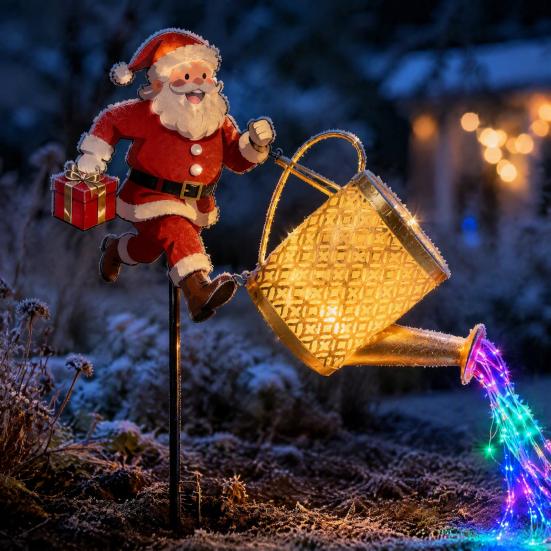 Portable Waterproof Garden Ornament Solar Powered Lights, Santa Watering Can Stake Light Weatherproof Lawn Lamps for Outdoor Patio Pathway Yard,