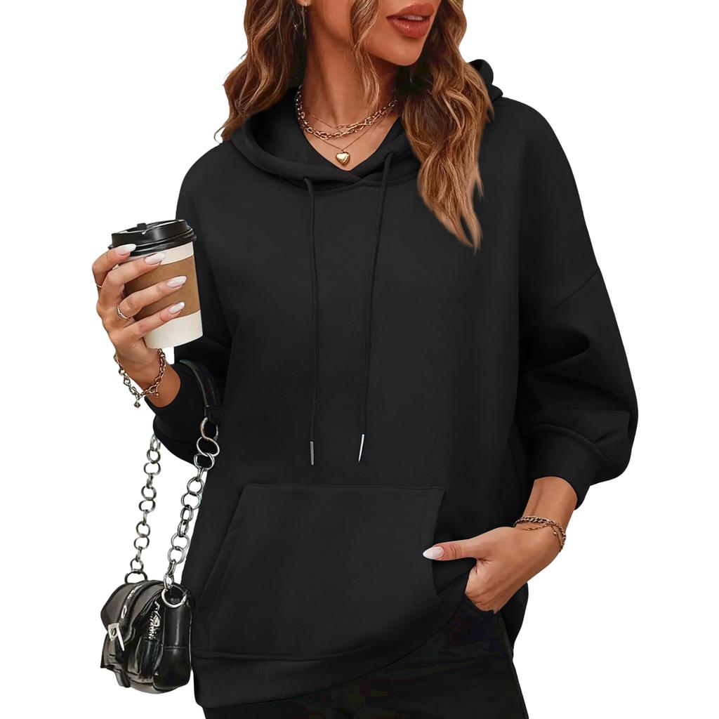 Women's Fashion Oversized Drop-Shoulder Long-Sleeved Sweatshirt Solid-Colour Hooded Sweatshirt