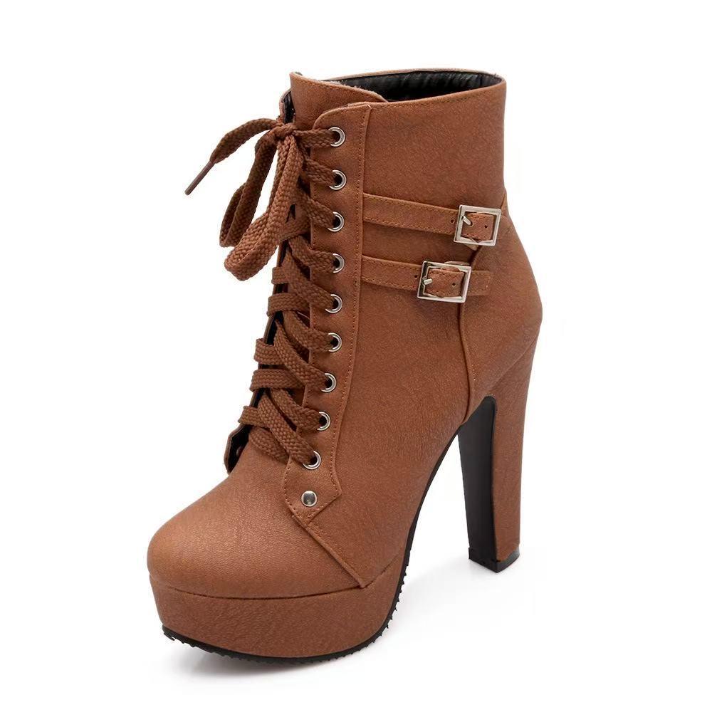 Women's Black Chunky Heel Platform Ankle Boots - Waterproof, Lace-Up, Buckle Detail, Plus Size Available.