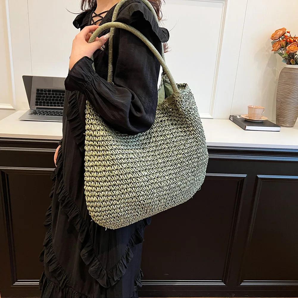 Large Capacity Weaving Underarm Bag Summer Straw Crochet Women Tote Handbag Hasp Closure Retro Beach Shoulder Bag Daily Bag 2025