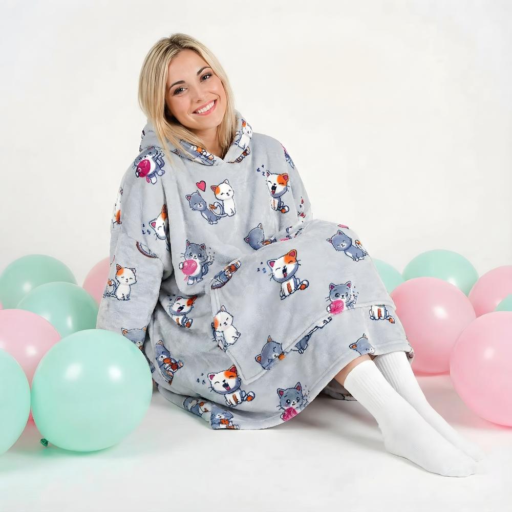 Very Soft Dressing Gown Blanket Robe Lazy Robe Grey Cats 100 Cm