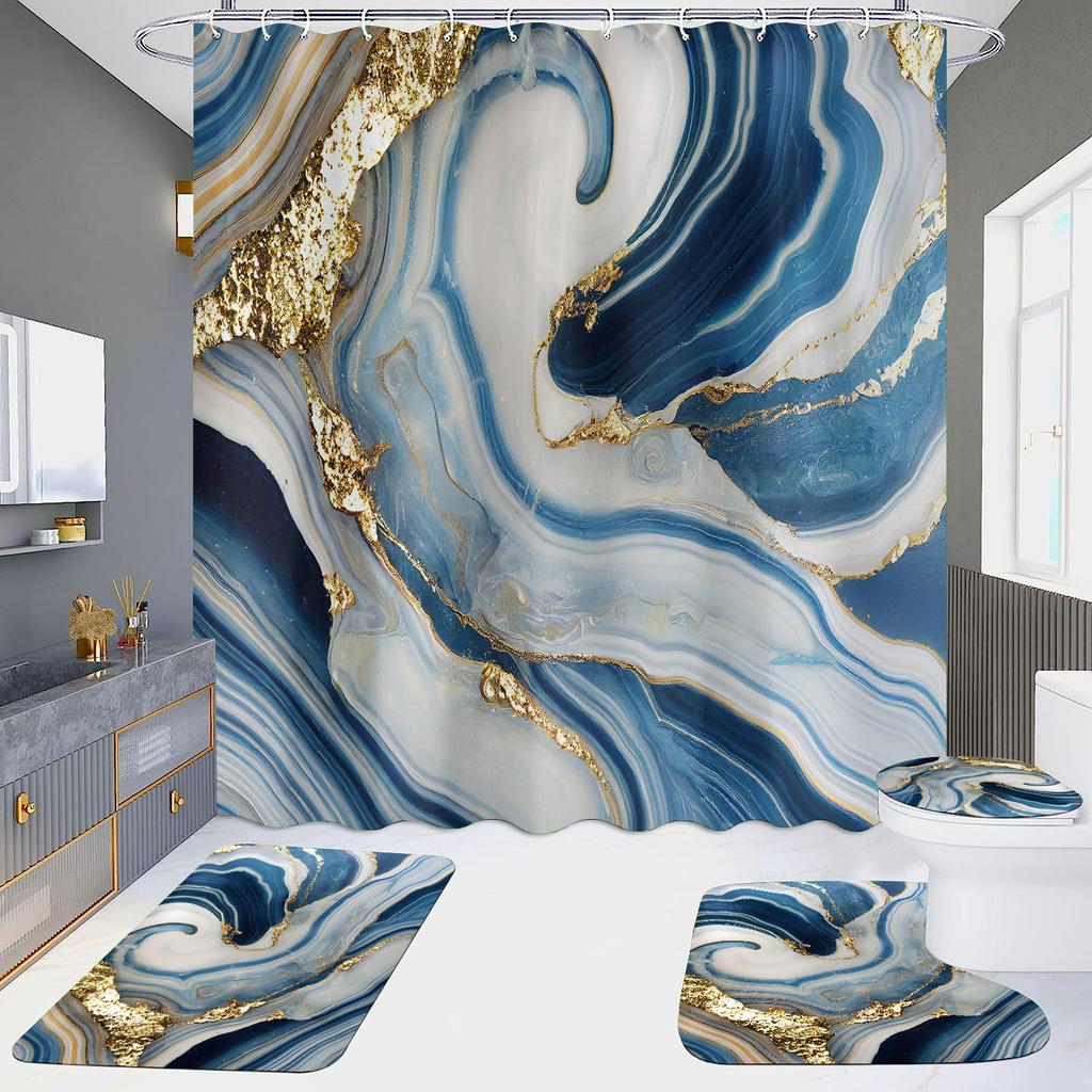 4Pcs Marble Series Shower Curtain Sets for Bathroom Non-Slip Bathroom Rugs Lid Toilet Cover Bath Mat