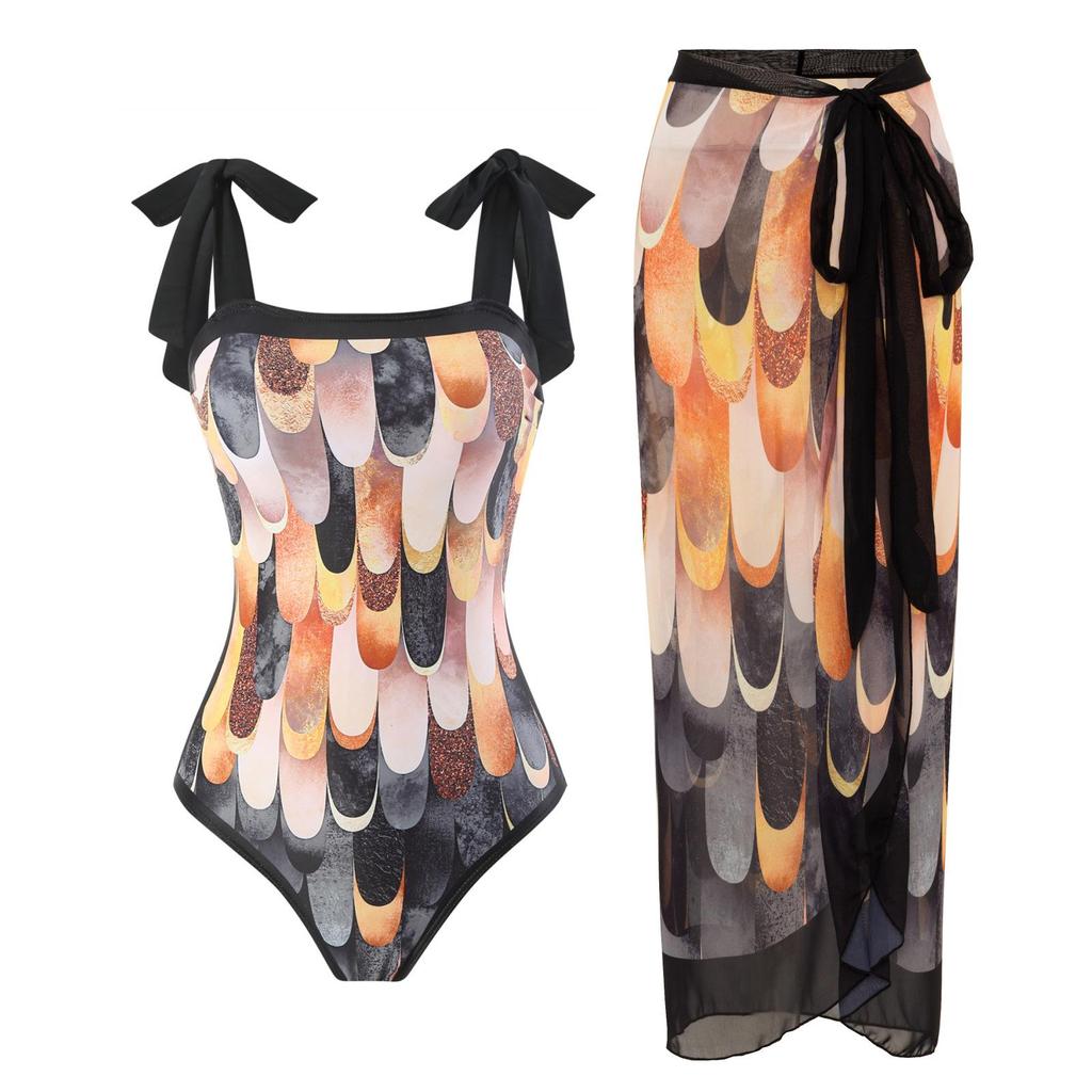 2Pcs/Set Women Printing Monokini with Skirt Sling Bandeau One-Piece Hot Spring Swimsuit with Beach Cover Up