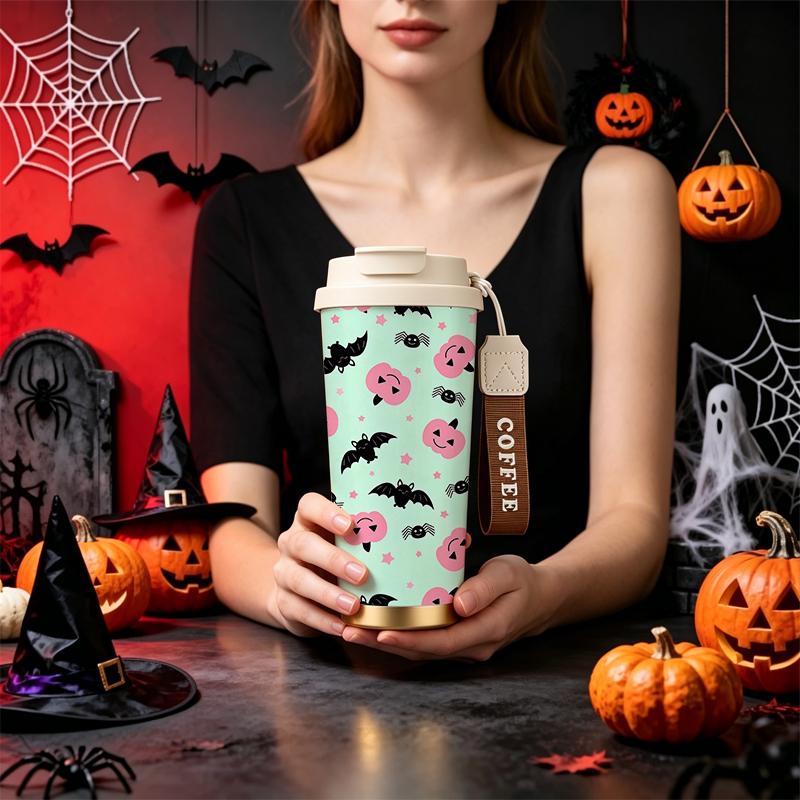 532ml Coffee Cup Halloween Bat Pumpkin Spider Star MotifCar Portable Cup Carrier Strap Travel Cup Commuter Coffee Cup 532ml Coffee Cup
