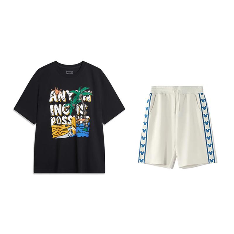 

Li Ning Письмо Удобный Легкий Короткий Рукав Модный Универсальный Простой Повседневный Спортивный Костюм Костюм Унисекс AHSU707-1+YKSV129-1 S