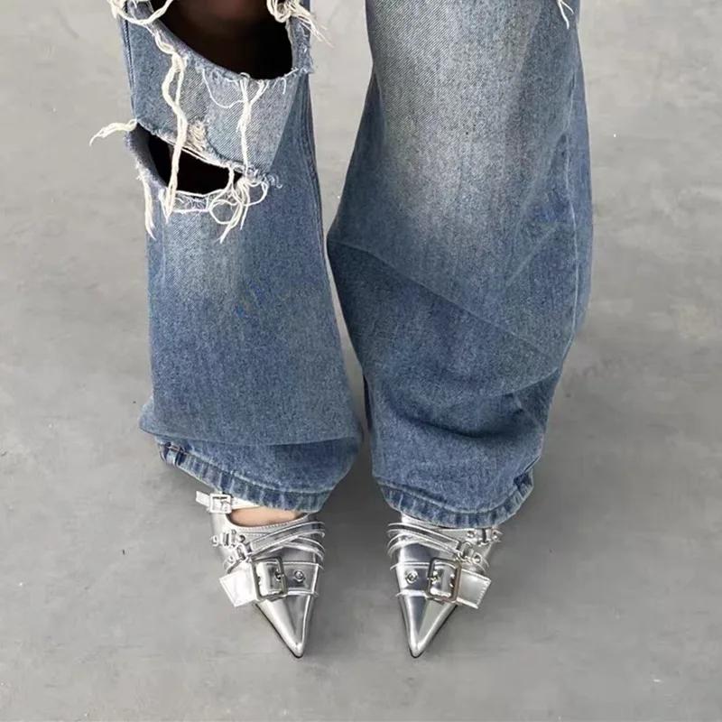 Pointed Toe High Heels Women Wear Belt Buckle Baotou Cold Slippers 2025 Half Drag Back Empty Single Shoes