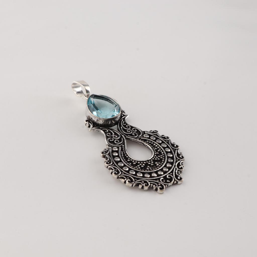 Sky Blue Topaz Gemstone 925 Sterling Silver Jewelry Women Oxidize Pendant 1.8" For Mother's Day Gift CP-45-9