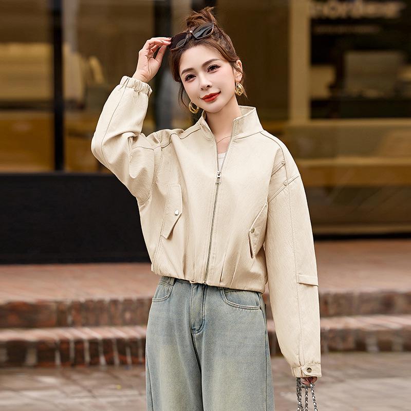 Women's Fashionable PU Leather Stand Collar Jacket, Spring 2025 Collection, Short Style Outerwear
